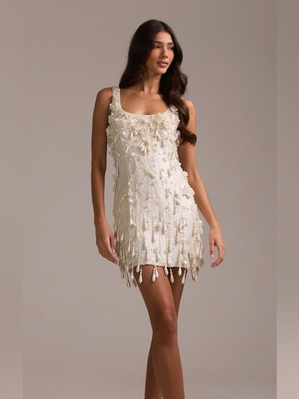ASOS DESIGN pearl allover embellished mini dress in ivory